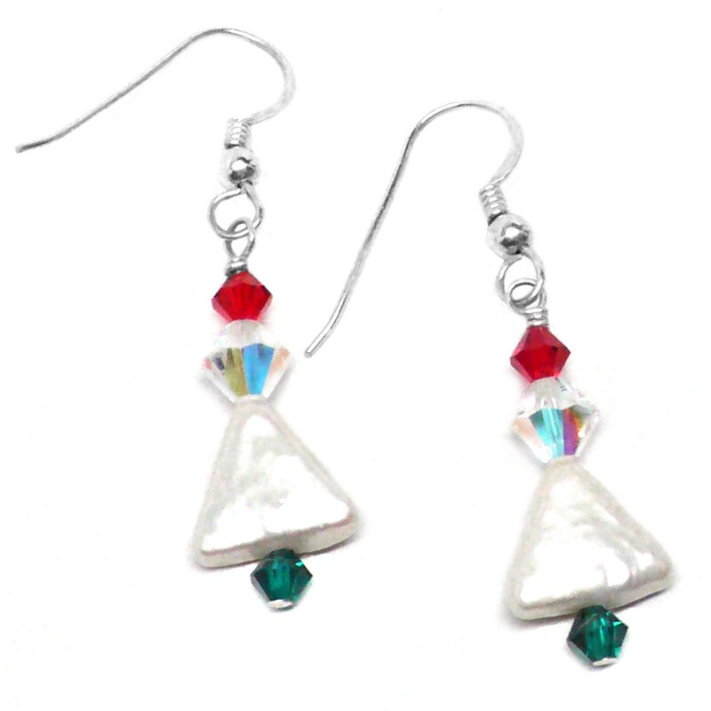 Cultured Freshwater Pearl Christmas Tree Sterling Silver Earrings Clear Red Green Crystal